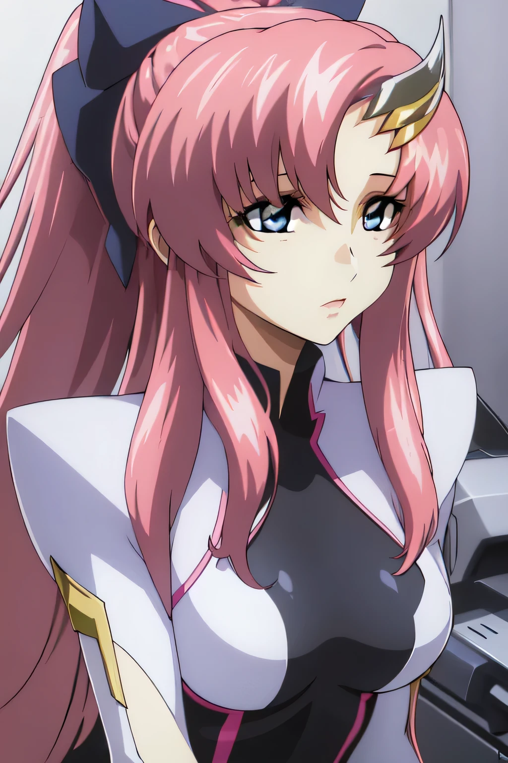 (((Best quality))),((Ultra-detailed)(((Best quality))), ((Ultra-detailed)), ((illustration)), ((Disheveled hair)), ((frilld)), (1 girl),(Solo), 1 girl ,all fours,big eyes ,growing eyes,shiny eyes,detailed eyes,closed_mouth, gradient, gradient_background, grey_background, garbed breast ,looking_at_viewer, solo, standing, rating:safe, blue_hair, long_hair, tightsuit, battle_garment, technology, blue eyes,pink hair,