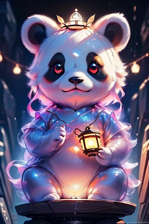 a cute panda sitting on a floating lantern in the sky, red sky, sharp focus, (best quality,4k,8k,highres,masterpiece:1.2),ultra-detailed,(realistic,photorealistic,photo-realistic:1.37),detailed panda face, detailed panda eyes, detailed panda nose and mouth, floating lantern, glowing lantern, whimsical, fantasy