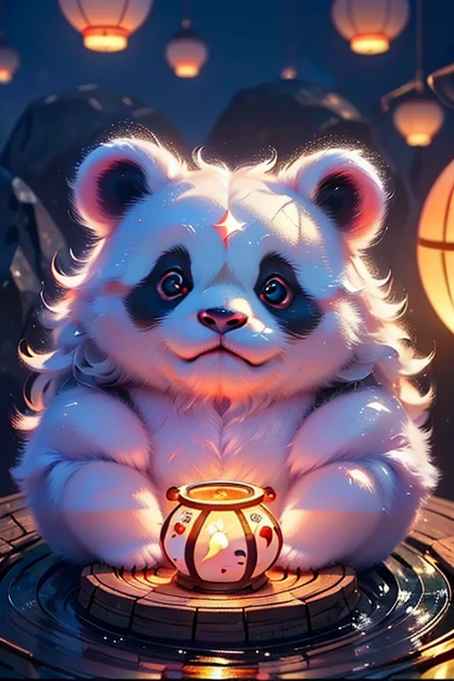 a cute panda sitting on a floating lantern in the sky, red sky, sharp focus, (best quality,4k,8k,highres,masterpiece:1.2),ultra-detailed,(realistic,photorealistic,photo-realistic:1.37),detailed panda face, detailed panda eyes, detailed panda nose and mouth, floating lantern, glowing lantern, whimsical, fantasy