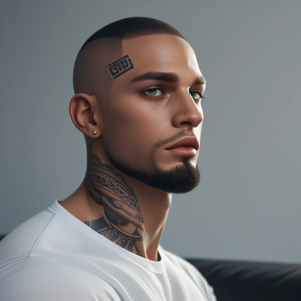 Black man, African descent, handsome, trimmed and shaped beard, full lips, green eyes, short hair, buzz cut, shaved head, wearing white shirt, muscular and tattooed arms 