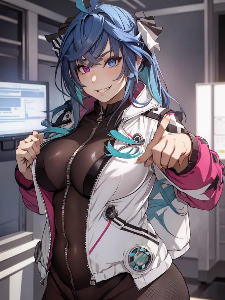 (​masterpiece, top-quality, hight resolution, Unity 8k, extremely details CG:1, Best Picture), 1girl, upper body, Big breasts, (bodystocking), ((open jacket)), korotsuke style, Twin_Turbo_Umamusume, aqua hair, twintails, heterochromia, purple eyes, blue eyes, sharp teeth, Prostitute wearing only body stockings and jacket. She opens her own jacket and seduces herself, showing off her body stockings and attractive limbs, Attractive smile