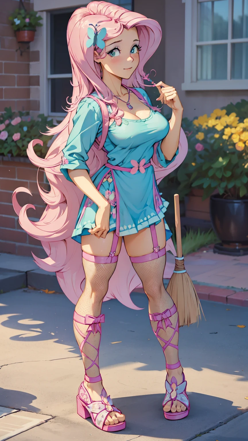 Fluttershy, Fluttershy of my little pony, big breastes, Lush breasts, elastic breasts, exuberant hair, rose hair, housemaid, Gonic uniform, pretty, broom in hand, fishnet stockings, butterfly hairpin, beste-Qualit, Very detailed, Shy, Slippers, Butterflies