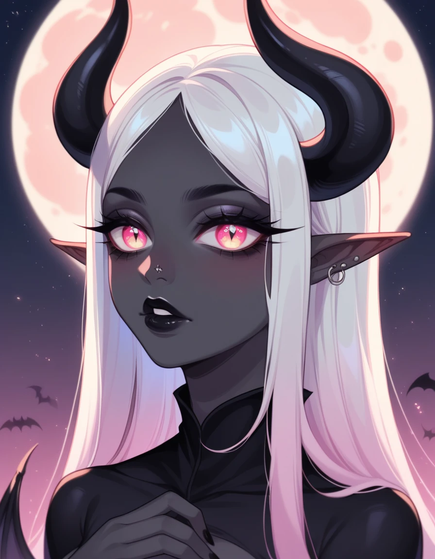 ((Masterpiece)), ((highres)), ((1person)), Random poses, beautifully detailed succubus girl, ((pastel moon background)), long white hair, defined elf ears with ear guages, defined eyes, pastel iris, long eye lashes, defined nose, black lipstick, (((Black skin))), black demon horns, breasts, night sky, pastel gothic style, gothic style art, (gothic asthetic)
