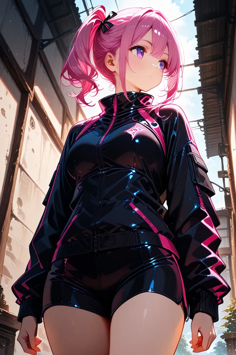 1girl,solo,black jacket,pink hair, long ponytail,side ponytail,breast, looking to the side, from below