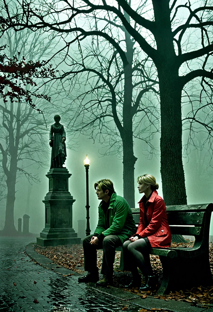 In the eerie, fog-shrouded atmosphere of Silent Hill 2, a man in a green jacket and a woman in a red jacket sit together on a worn, creaky bench, gazing at an statue in front of them. The statue holding a candle, its casting haunting shadows across its weathered surface. The scene is drenched in thick mist and dim, moody lighting, creating a sense of unease. The bench, aged and surrounded by overgrown foliage, adds to the desolate, unsettling environment, as the couple's figures are partially silhouetted from behind, capturing a haunting, melancholic mood,