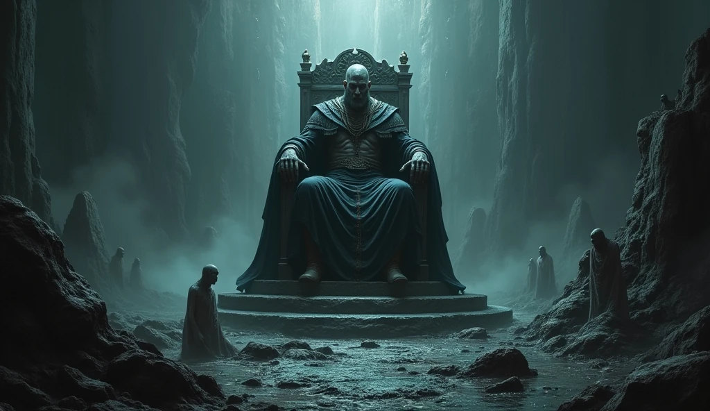 Cave rocks frozen hell souls of sinners fall from above in the center throne and on it sits a demon