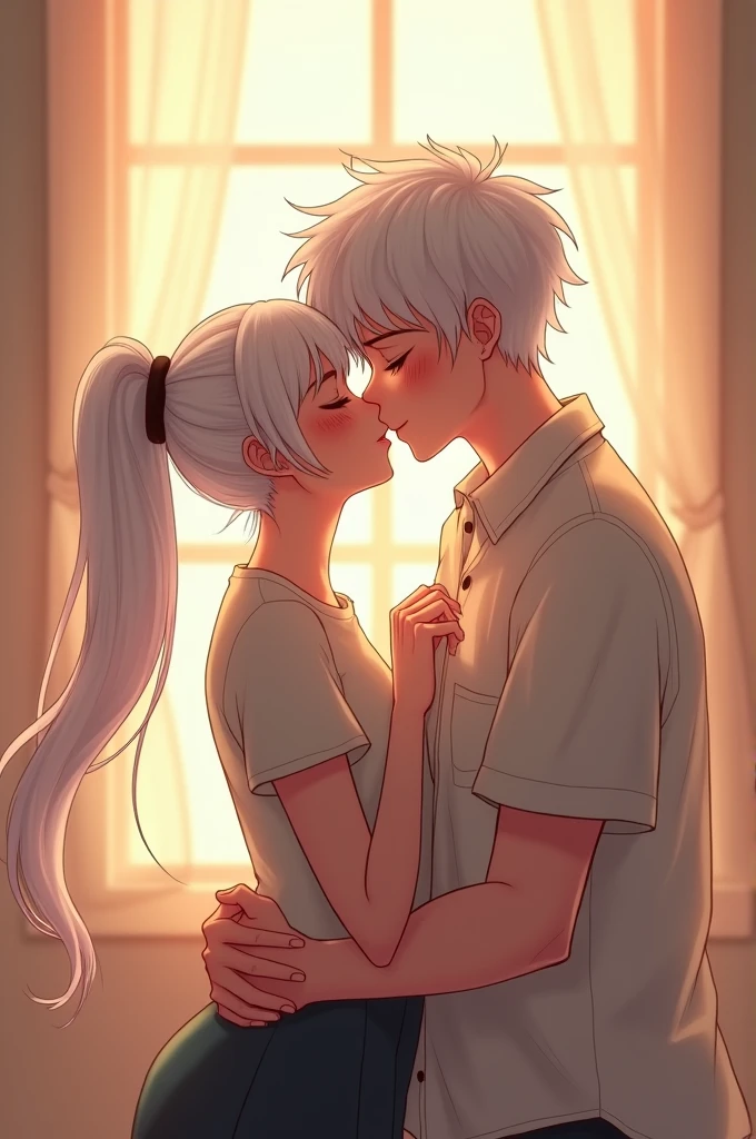 White haired boy cut something messy with blue eyes and white skin of good physique giving a kiss to a girl with long fluffy black hair and brown eyes