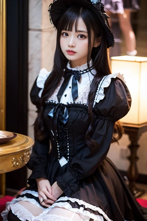 Perfect Anatomy、highest quality、Masseter muscle area、Ultra-detailed、8k、Accurate depiction of the human body、Full body angle、Delicately painted face、Pretty Faced Woman、Gothic Lolita Fashion、Black Gothic Lolita Fashion、Black and white outfit、Big red hair ornament、Red ribbon hair ornament、Big red hair ornament、Are standing、(((Blurred Background:1.5、Photo Studio、Gray background:1.5、Gray background、Gray background、Gray background、Gray background、Cinema Lighting、Professional Photographer)))