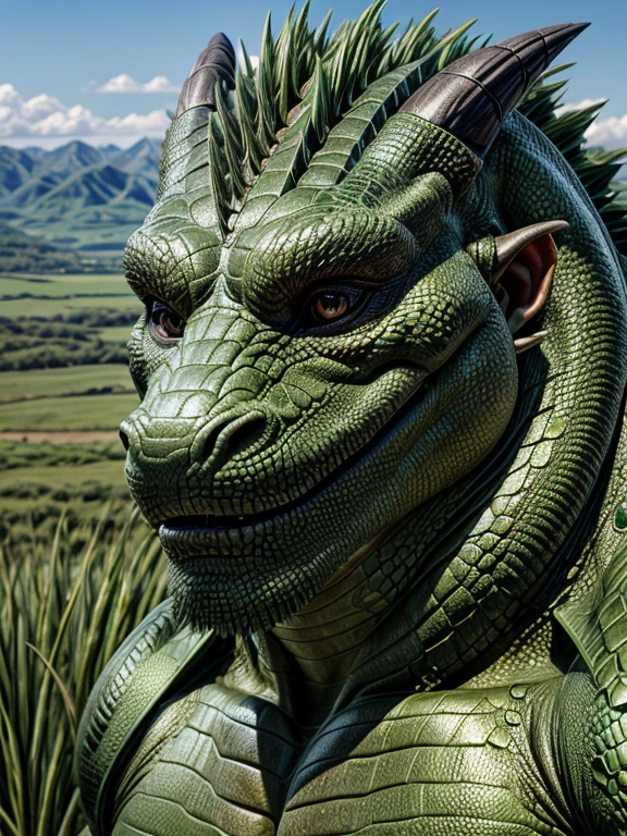 Dark green face of an old male lizard beast man。detailed facial depiction。 face up 。grassland。詳細な描写。Precise depiction。 highest resolution。Maximum number of pixels。 Best Picture Quality 。 Hyper Real。 photorealistic。
