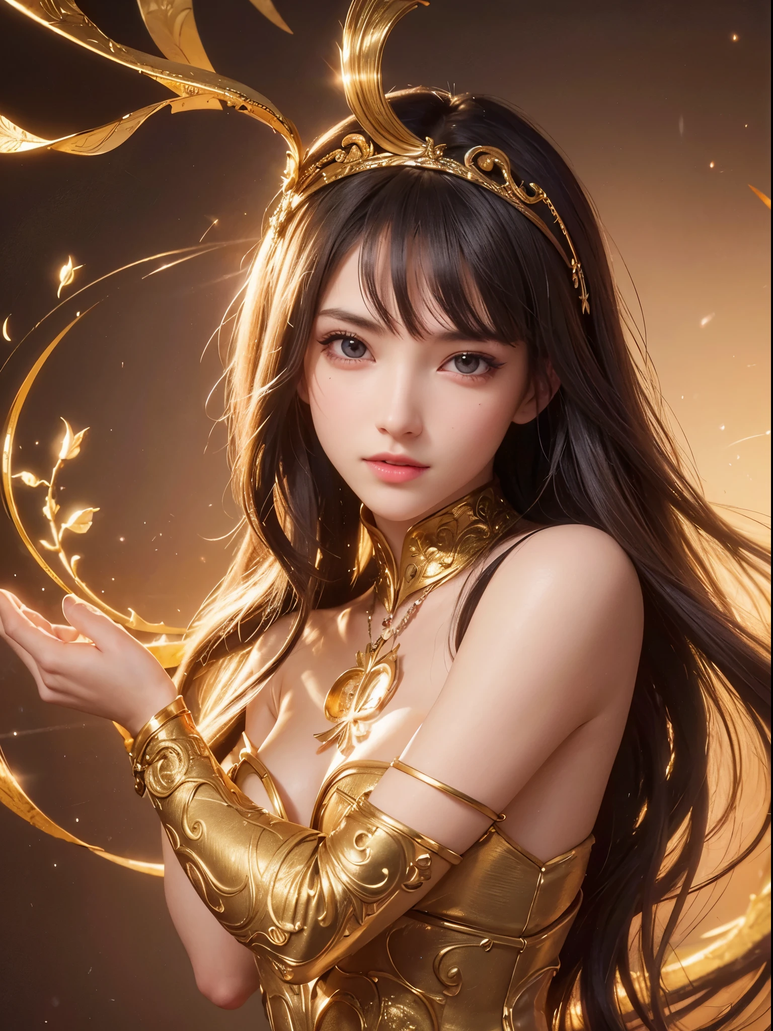 1 27-year-old girl, 1 zodiac goddess from the future, goddess of the pink and purple 12 zodiacs, the goddess of the zodiac in a yellow ao dai, a 12 zodiac ao dai with many black lace detail, mythology Goddess of the 12 zodiacs from the future, zodiac ♏, luxurious glittering zodiac style, dark and mysterious version, zodiac crown, lipstick lips red, thin and beautiful lips, don't smile, keep your mouth shut, characters made by karol bak and pino daeni, intricate detail, detailed background, extremely detailed, light magic, a woman, clear face, look at the face of goddess zodiac look at the zodiac goddess face, round breasts, Big and round breasts, phoenix hair brooch, hair long with bangs, beautiful face in detail and well-proportioned eyes, (transparent yellow eyes: 1.8), big round eyes and very beautiful and detailed makeup, foresight, silk dress, mysterious makeup, Bangles, double bangs and dyed light blonde, upper body, (zodiac goddess upper body: 1.9), arms hanging loosely, Realistic and vivid photo, (stars make up the zodiac: 1.7), (sky background zodiac and fictitious space and time portal: 1.8), fiction art, RAW photo, hanfu picture, best photo, high_res, best quality, best photo quality, 8k quality, 8k ultra, super realistic, real photo most economical, artistic portrait of goddess zodiac, 1 symbol of 12 zodiac signs on the back, single portrait of 1 zodiac goddess, The most realistic color scheme, the best photo color, masterpiece, hair ornament, necklace, jewelry, Beautiful face, upon body, tyndall effect, photo realistic, dark studio, rim lighting, two tone lighting, (high detailed skin:1.2), 8k uhd, dslr, soft lighting, high quality, volumetric lighting, candid, Photograph, high resolution, 4k, 8k quality, Bokeh, Smooth and sharp, increase the pixel by 10x, Charming zodiac goddess, sexy zodiac goddess, (background space:1.8), (galaxy: 1.7), aurora, lightning, (Auroral Background: 1.8) <lora:locon_perfecteyes_v1_from_v1_