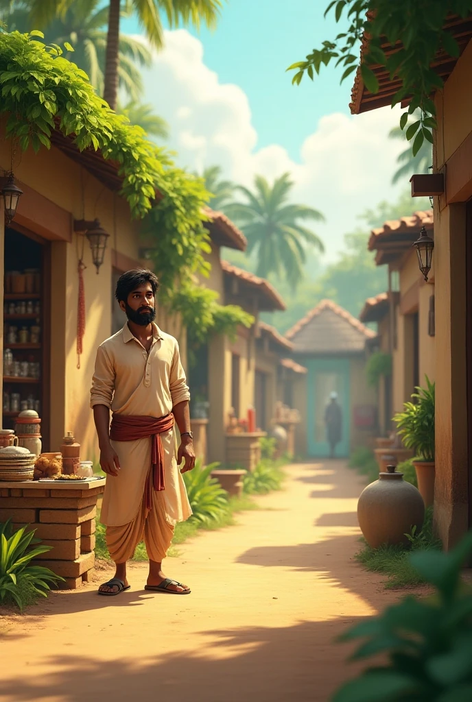beautiful masculine Indian man, rugged and scarred skin, brown complexion, indian village background, extremely sharp focus, slightly blurred background, depth of field, slight glow in eyes, thick beard, (salt and pepper look:1.2), Indian attire, clear face skin