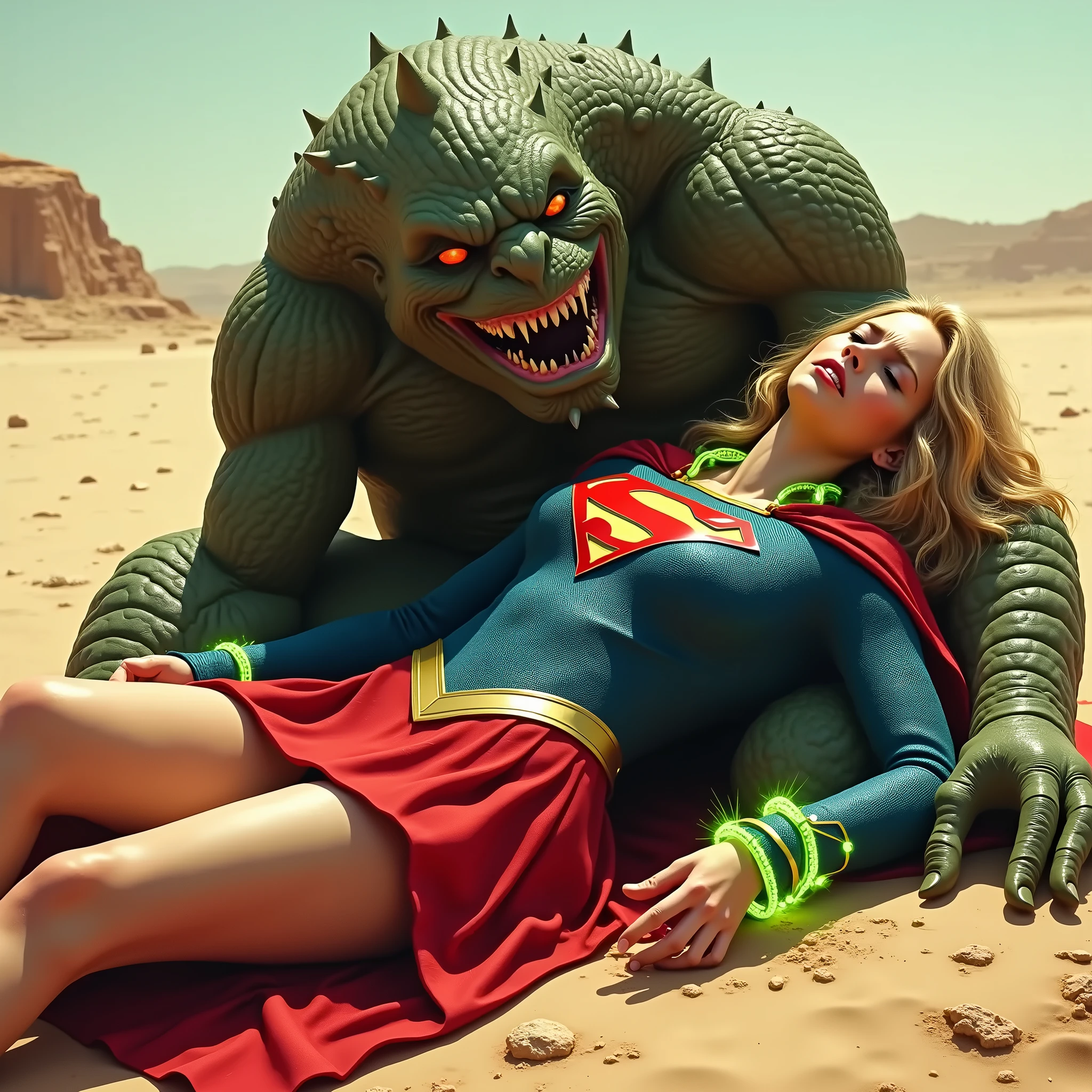 Wounded Monster Realistic, hyperrealism, masterpiece, Supergirl is laying and tied your ...
