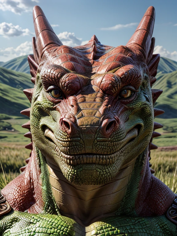 The face of a young male lizard beast man with bright scarlet color。detailed facial depiction。 face up 。grassland。詳細な描写。Precise depiction。 highest resolution。Maximum number of pixels。 Best Picture Quality 。 Hyper Real。 photorealistic。