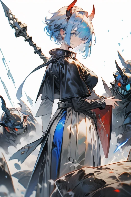   in high resolution, Delicate depiction,  Delicate Facial Description, one woman,soldier,Reptile Tail  ,Black Tail, thick tail,  black horn,There are 2   black horns , blue shorthair with 2   black horns ,   blue eyes,  shortcuts blue hair , Blue military uniform ,   red cloak,  white long skirt with large shield , holding a spear ,battlefield, Rubble pile,Bad weather,Dim atmosphere