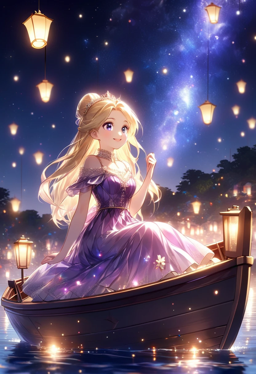 浮かぶ lantern， fantasy, 1 princess _Princess_Rapunzel, Chiaroscuro，(Purple_ dress_long, Delicate_Decorations_  over covered )+, dynamic_Pose_ look up , Light_smile, 超long_Blonde, (  Shine_skin)+,  (particle_ neighborhood _body)++, ( slim_body)+,(lake,  starry sky _background, Sit down_boat)+++、 lantern_translucent， wonderland 