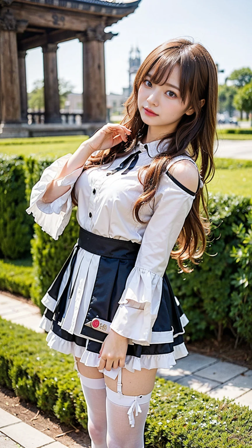 ((looking back at the camera))、(Best image quality、highest quality、Highest Resolution、masterpiece、detailed、Actual photo)、Beautiful and cute、17 year old high School girl、((ponytail))、((Laughter))、((full body shot))、((Low Angle))、(Quite small)、(Quite lean body)、(Navy blue sailor suit for girls' School.)、White lace bra and panties、((Lift the skirt to show your panties:1.3))、(Black Loafers)、(Standing in an amusement park)、((hibiscus, rose, wait.々Decorated with a lot of flowers.:1.3))