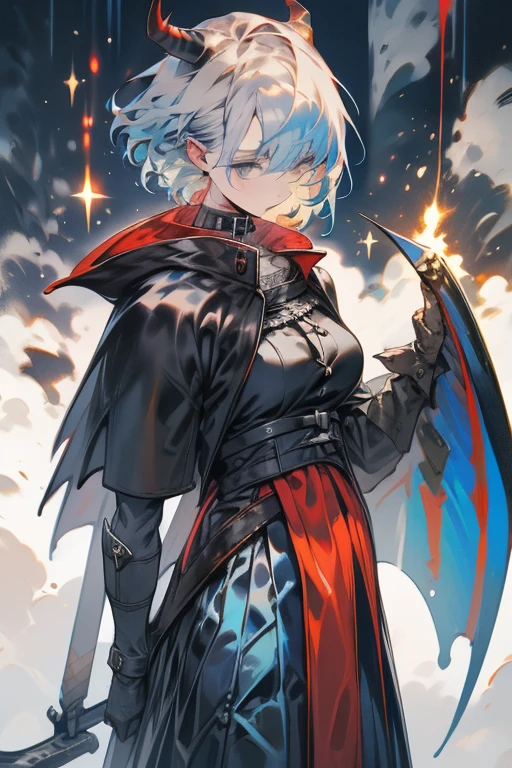   in high resolution, Delicate depiction,  Delicate Facial Description, one woman,soldier,Reptile Tail  ,Black Tail, thick tail,  black horn,There are 2   black horns , blue shorthair with 2   black horns ,   blue eyes,  shortcuts blue hair , Blue military uniform ,   red cloak,  white long skirt with large shield ,battlefield, Rubble pile,Bad weather,Dim atmosphere