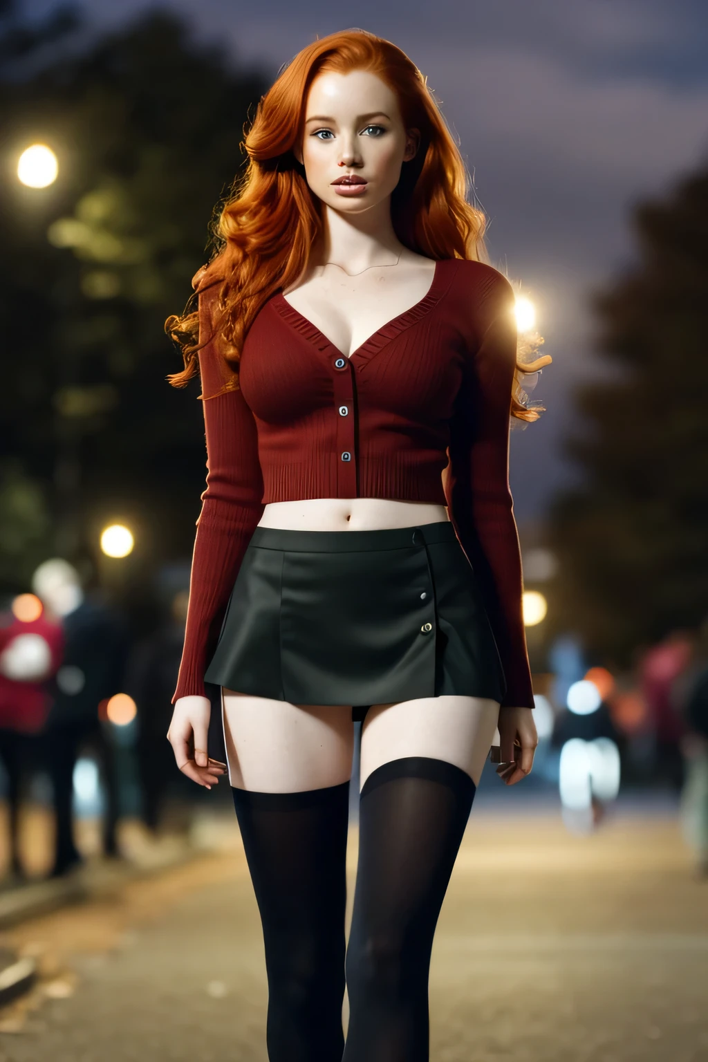 1girl in, age21, Madelaine Petsch, photo of perfect woman, 5'3", Solo, Aesthetic artwork, (irish  redhead, wavy ginger hair, shoulder length ginger hair:1.25), (some small freckles, pale skin, small breasts, B-cup, hard nipples, runners body, very thin waist, skinny, petite, detailed skin texture), (night background, in the park at night, beautiful event decoration with lights and fireworks, (walking on a street, red tight sweater, black mini skirt, tights, black boots, slight cleavage (extremely detailed 8k wallpaper), soft lighting, high quality, film grain, Fujifilm XT3 sharp focus, f 5.6, 50mm, High Detail, Sharp focus, (natural light), crazy details, complex details, hyper detailed