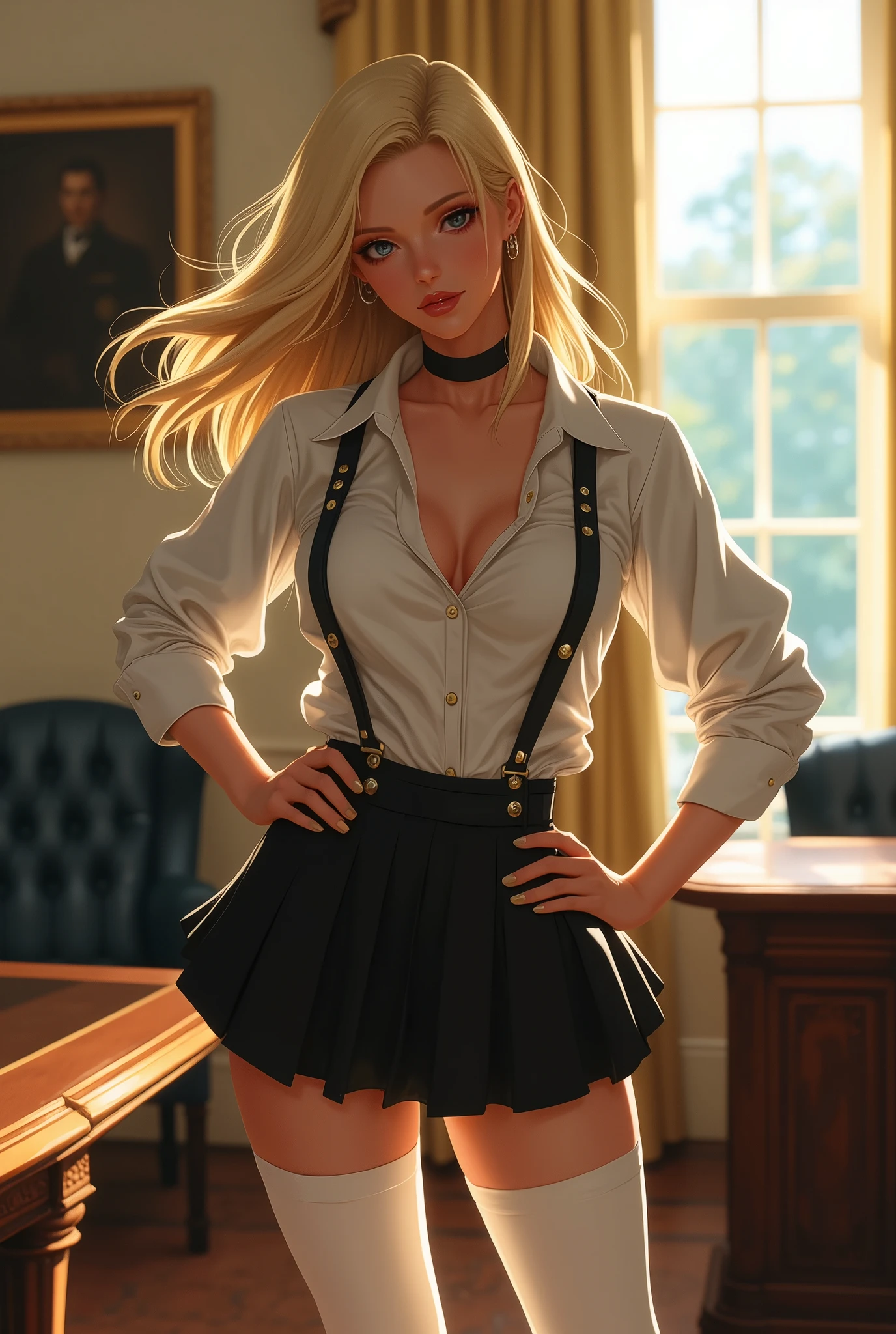 ne0nfant4sy, stunningly beautiful blonde girl wearing slutty schoolgirl secretary outfit with white pantyhose, She is standing on a speech on oval office  looking at the viewer, seductive smile, inviting smile, 