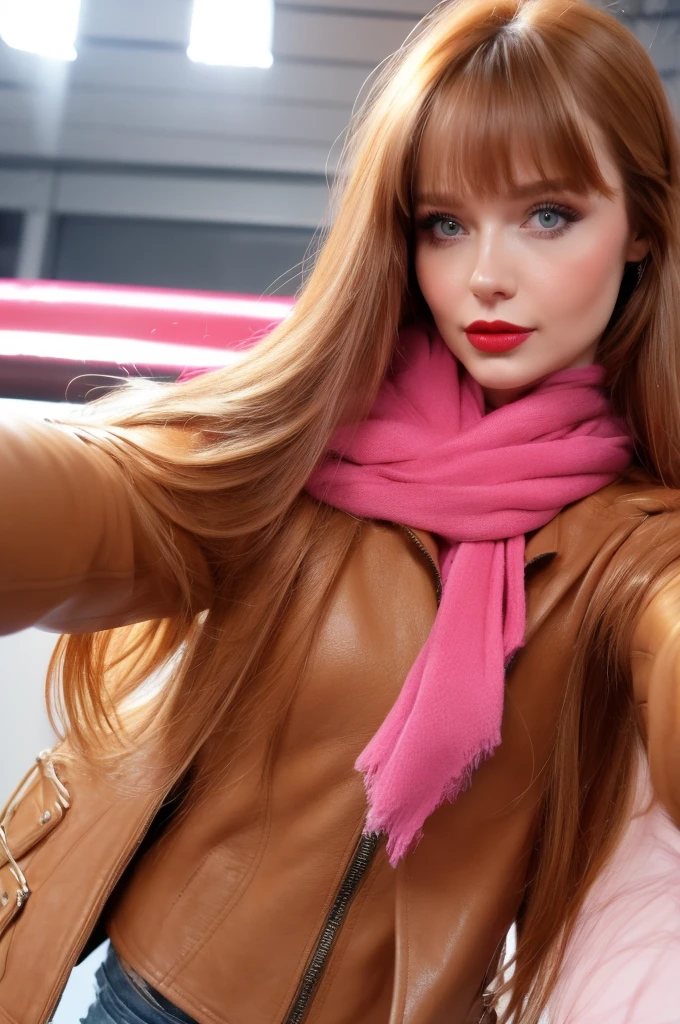 Selfie of a Russian woman with flowing extra long ginger hair with bangs, fair porcelain skin, capturing her cuteness with soft make-up and red lipstick, adorned in a leather jacket, riding boots, and a pink scarf, ultra realistic, highly detailed, UHD, high resolution, dramatic lighting, golden ratio