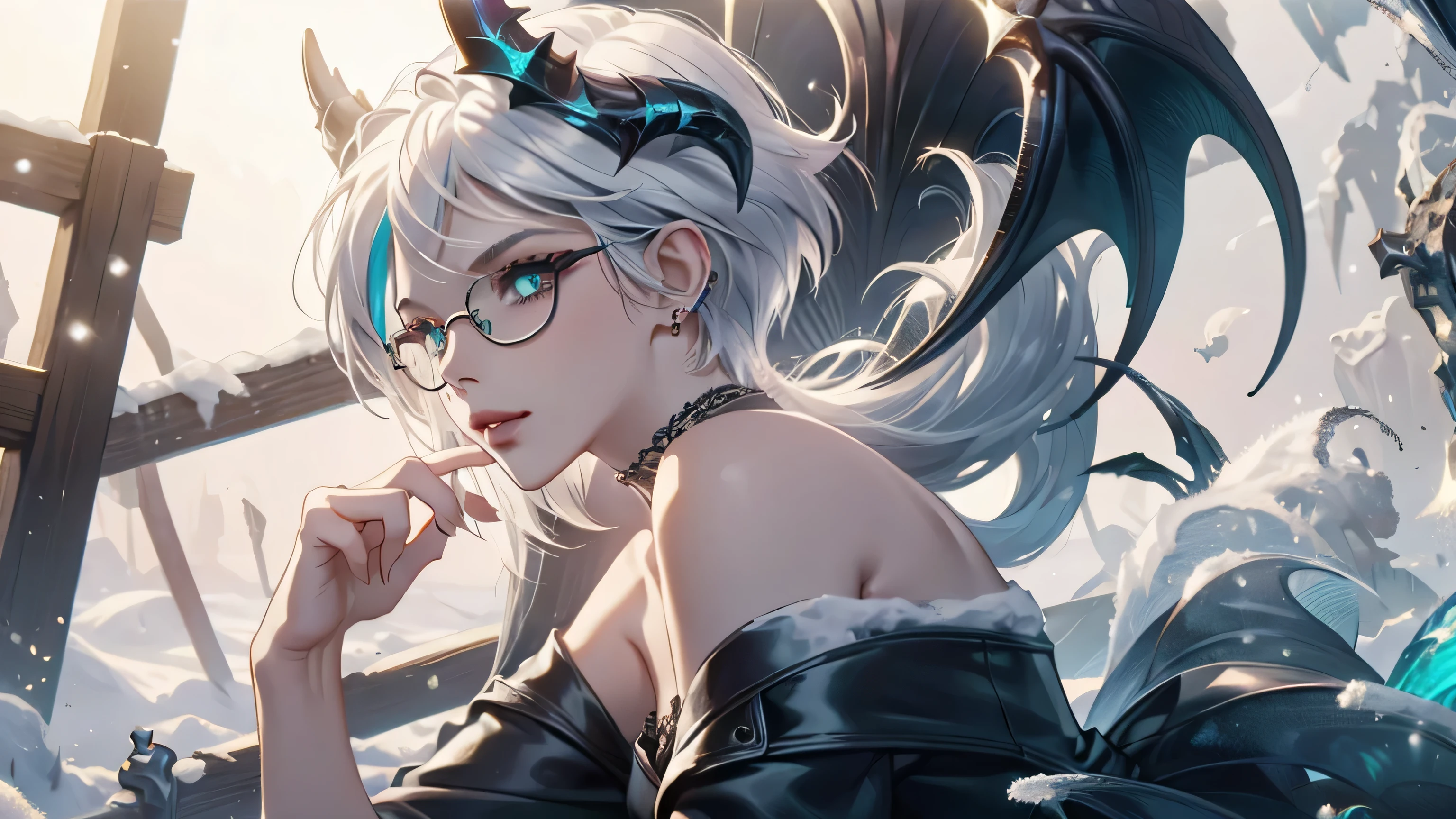 8k, masterpiece, best quality, highly detailed, 1 girl, devil, demon horns, warlock, pixie cut, white hair, multicolored hair, very short straight hair, red highlight hair on white hair, stippled hair, wearing glasses, round glasses, earrings, navel piercing, red eyeshadow, long eyelashes, blushed cheek, red lips, pearl necklace, rings, collarbone, mole on face, glamorous, teal and black clothes, sleeveless, miniskirt, laced dress, fishnet stocking, expressionless, close up view, rings, looking at viewer, standing, frost, death, winter, snow strom, bone, dragon in background, tundra, turning back, back facing viewer, looking over shoulder.