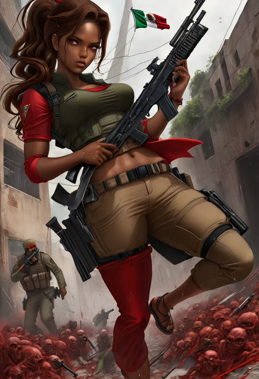   Mexican special forces with beige helmet , beige commando pants ,  black tactical vests , knee pads, black t-shirts with Mexican flag (solo soldier )  with rifles shooting at zombies while protecting the girl the girl vistedark skin .  She has dark brown hair pulled up into a ponytail with a bright red elastic band ,  and wears a matching red shirt ,  cardboard art style , Gravity falls,  on streets full of cars and with thick vegetation and a rainy and foggy day 