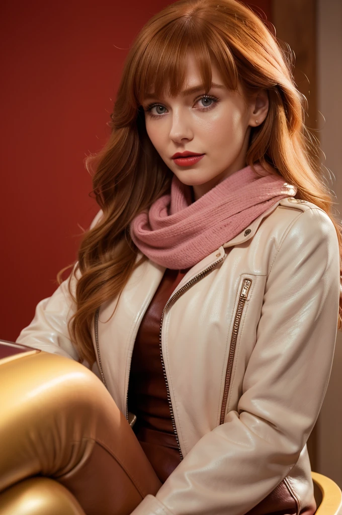 Selfie of a Russian woman with flowing extra long ginger hair with bangs, fair porcelain skin, capturing her cuteness with soft make-up and red lipstick, adorned in a leather jacket, riding boots, and a pink scarf, ultra realistic, highly detailed, UHD, high resolution, dramatic lighting, golden ratio
