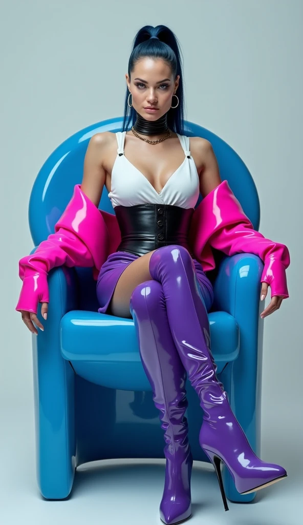 beautiful brazilian, (((round face shape with soft features, prominent cheekbones, delicate jaw, slightly rounded chin, medium forehead with natural, wavy hairline))), (((black hair color, long and curly with volume))), natural, full eyebrows, (((contemplative pose, sitting on a futuristic chrome metal chair, with luminous and holographic panels around, creating an atmosphere of high technology and modernity))). (((Wide medium shot, showing the character from the thigh up, with a futuristic studio background, with neon lights and stylized metal structures))). highy detailed, age 25, (((large, expressive eyes in dark brown color and tone))). (((Long nose at base, gently curved bridge, rounded nostrils in harmony with the face))). plump, well-defined lips, com volume natural, dark pink tone. high resolution, work of art. Pele realista Fitzpatrick V, with a natural golden tan, some soft freckles on the cheeks and nose. curvy and athletic body, typical of Brazilian women. ((Wearing a futuristic black leather suit with metallic details, Modern and stylish)). Excellent quality, extremely detaild, sharp focus, ((shooting with Canon EOS R5, lente RF 24-70mm f/2.8L IS USM)), Brazilian style vibrant color vision. Proportionate Body, fotorrealism, fot (film grain) (((Dramatic lighting with blue and purple neon lights, creating an effect of high technology and sophistication))) Em primeiro plano