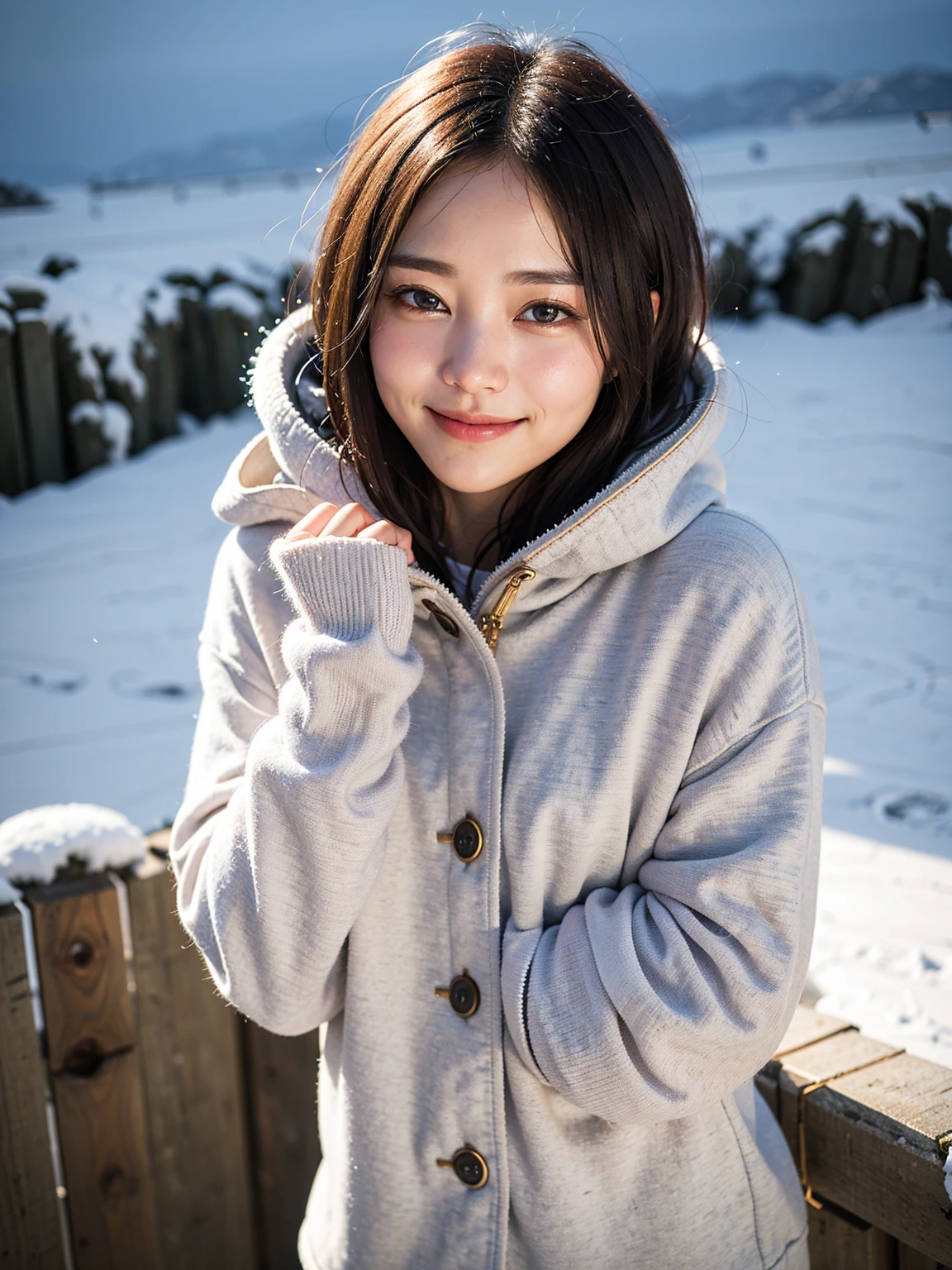 Japan girl pretty cheerful smile big girl lace skin visible through snow white shirt、Two-tone shorthair: Glossy burgundy and brown,,,、Black eyes、Photograph from the knee up、in snow、covered in snow、Snow on the body、(yuki)、in 8K,
