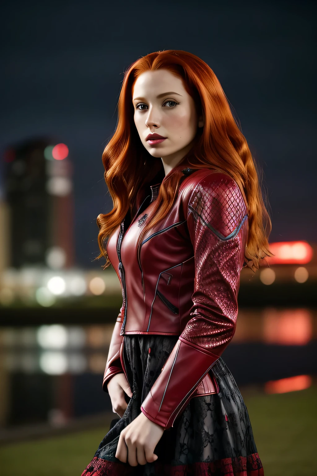 1girl in, age21, Madelaine Petsch, photo of perfect woman, 5'3", Solo, Aesthetic artwork, (irish  redhead, wavy ginger hair, shoulder length ginger hair:1.25), (some small freckles, pale skin, small breasts, B-cup, hard nipples, runners body, very thin waist, skinny, petite, detailed skin texture), (night background, in the park at night, beautiful event decoration with lights and fireworks, (wearing scarlet witch cosplay, avengers, wearing black lace dress, open red leather jacket: 1.5), (extremely detailed 8k wallpaper), soft lighting, high quality, film grain, Fujifilm XT3 sharp focus, f 5.6, 50mm, High Detail, Sharp focus, (natural light), crazy details, complex details, hyper detailed