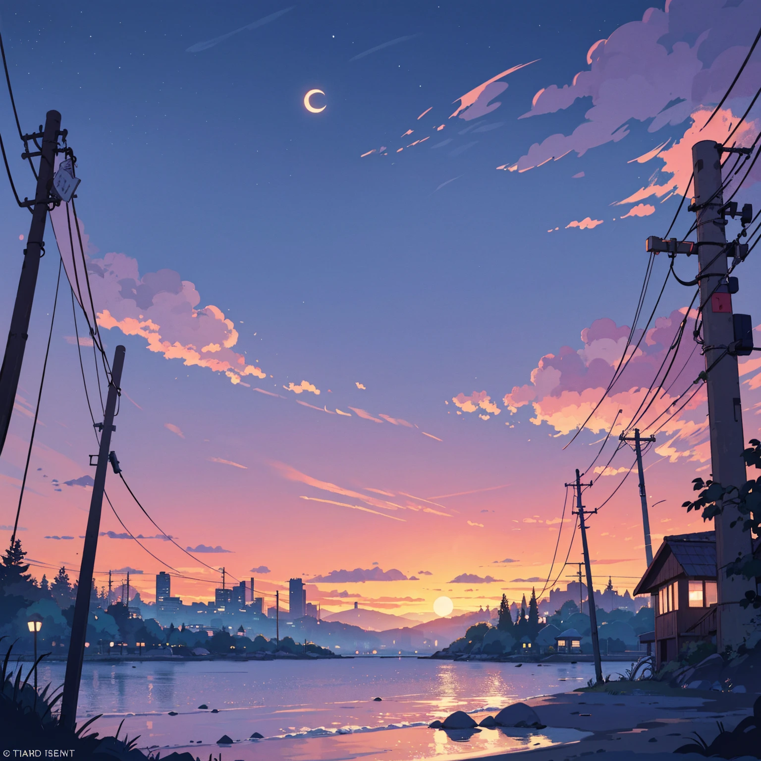 Split scene artwork capturing day and night. The left side shows a warm sunset over a calm beach with soft pastel colors, pink and purple clouds, and a glowing horizon. The right side presents a quiet, dark night street scene with deep blue tones, distant stars, power lines, and buildings. A large, stylized crescent moon stretches across both halves, uniting the scenes. The composition blends the tranquil beauty of sunset with the peaceful solitude of night, creating a harmonious balance between light and dark