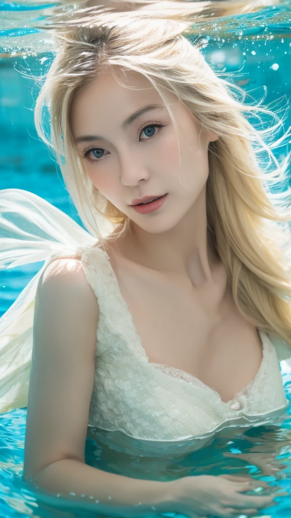 a japanese woman with blonde hair, wear vneck shirt lying on the surface of the water with her face partially submerged. The picture is a close-up of her face, which is slightly underwater, conveying a peaceful expression. The water appears glistening and mysterious. The atmosphere should evoke a sense of sadness and be depicted in a soft style rather than highly detailed. there is lot of flower floating on the water