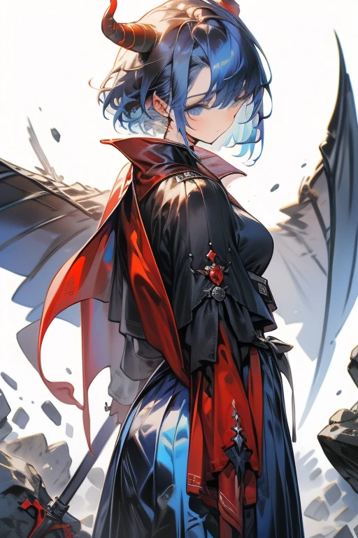   in high resolution, Delicate depiction,  Delicate Facial Description, one woman,soldier,Reptile Tail  ,Black Tail, thick tail,  black horn,There are 2   black horns , blue shorthair with 2   black horns ,   blue eyes,  shortcuts blue hair , Blue military uniform ,   red cloak,  white long skirt with large shield ,Big Shield, serious expressions,battlefield, Rubble pile,Bad weather,Dim atmosphere