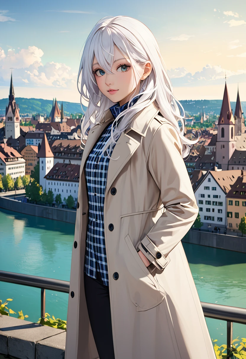 young girl. white hair ,wearing overcoat , standing, basel city in background