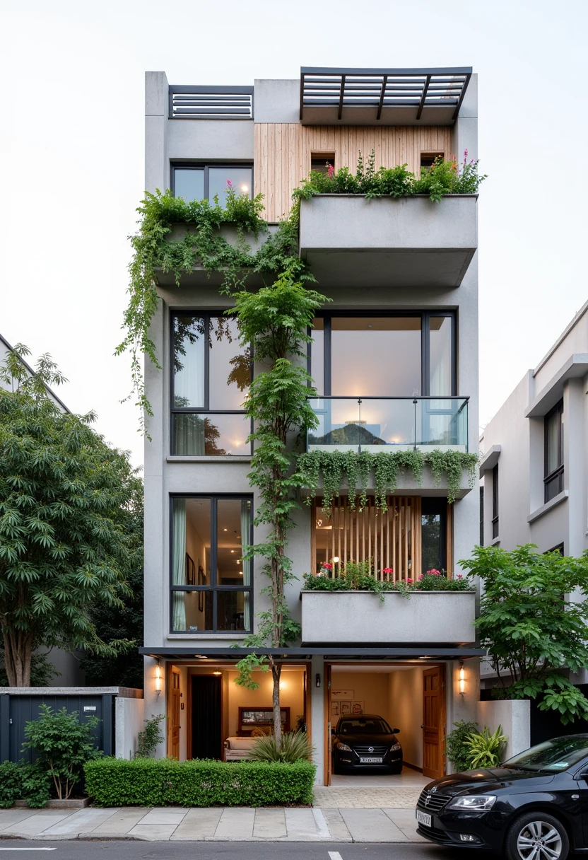 This image showcases a contemporary "tube house" design, typical of urban Vietnamese architecture. The design prioritizes vertical space, integrates natural elements, and maintains a clean, modern aesthetic.



Here's a breakdown:



Structure and Form: The house is tall and narrow, maximizing the use of a limited footprint. The facade is primarily a light gray or concrete finish, providing a neutral backdrop. Clean lines and rectangular shapes define the structure.

Greenery: Integrated plants and greenery are a key feature. Planter boxes on each balcony and cascading vines create a vertical garden effect, softening the building's hard lines and bringing nature into the urban environment. The top floor features a more substantial planter box with a variety of plants, including some flowering species. A light-colored wood privacy screen on the top floor adds warmth and complements the greenery.

Entrance and Gate: The ground floor features a combined entrance and garage space. The gate is a mix of dark gray metal and warm-toned wood, adding visual interest and a touch of elegance. A low hedge provides privacy and defines the boundary of the property.

Windows and Balconies: Large windows and glass doors on each floor maximize natural light and ventilation. The windows likely have dark frames, creating a contrast with the lighter facade. The balconies have simple metal railings.

Rooftop Structure: A metal and glass awning or pergola covers the rooftop terrace, providing shade and a designated outdoor space.

Surroundings and Context: The house is situated in an urban environment, with trees and other buildings visible in the background. A black car parked on the street adds to the sense of scale and suggests an urban setting.

Overall Impression: The house design is modern, functional, and environmentally conscious. The integration of greenery softens the urban setting and creates a visually appealing facade. The mix of materials, including concrete, wood, and metal