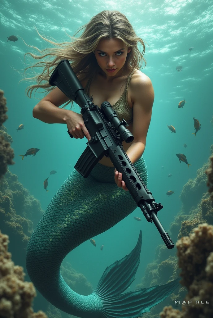 A woman without panties and without a bra wearing a machine gun in the middle of the sea