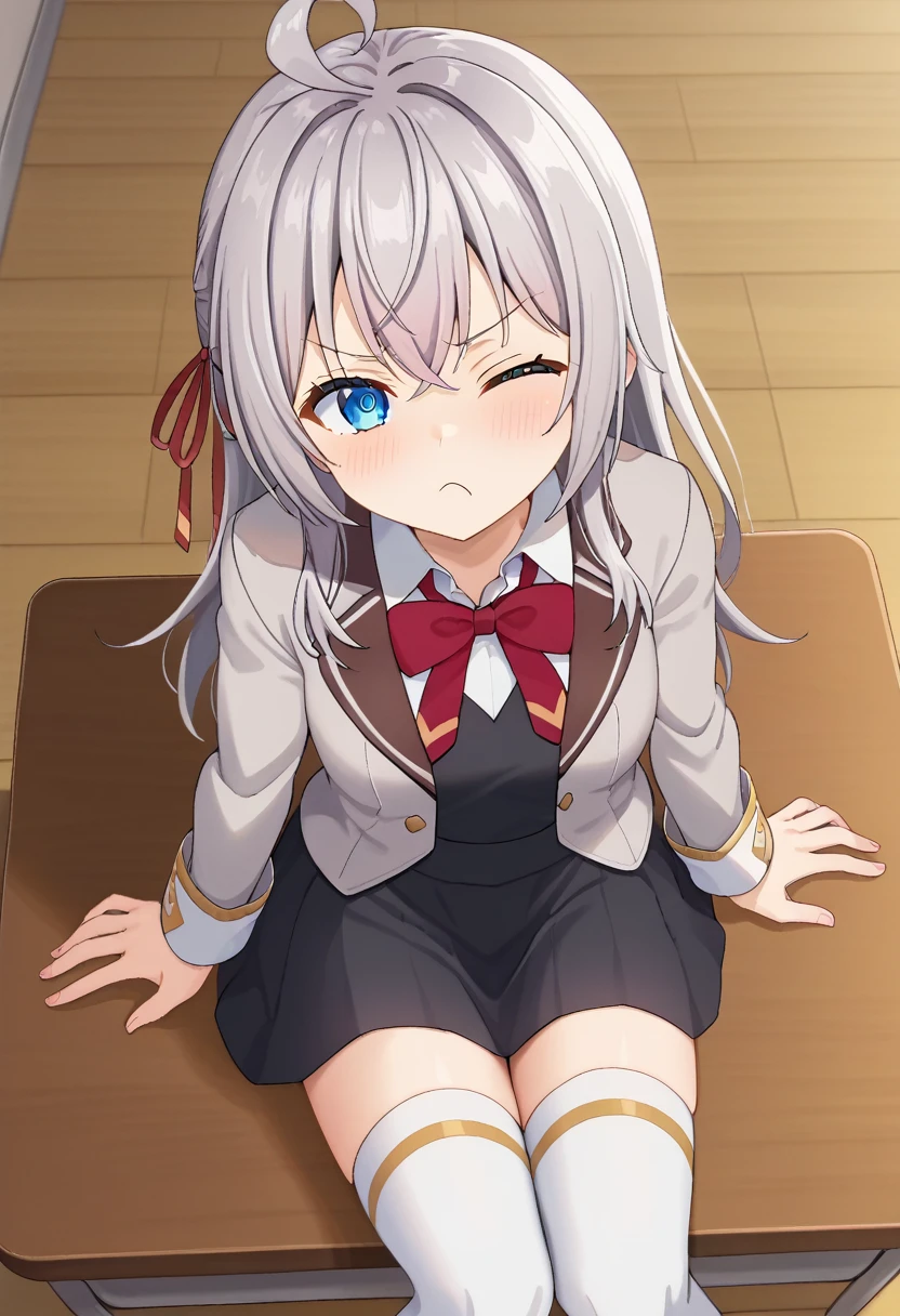 source_anime, 1girl, alya, grey hair, long hair, ahoge, hair ribbon, blue eyes, , bowtie, black skirt, white thighhighs, sitting, on table, pout, cute, looking at viewer, from above, classroom, one eye closed,