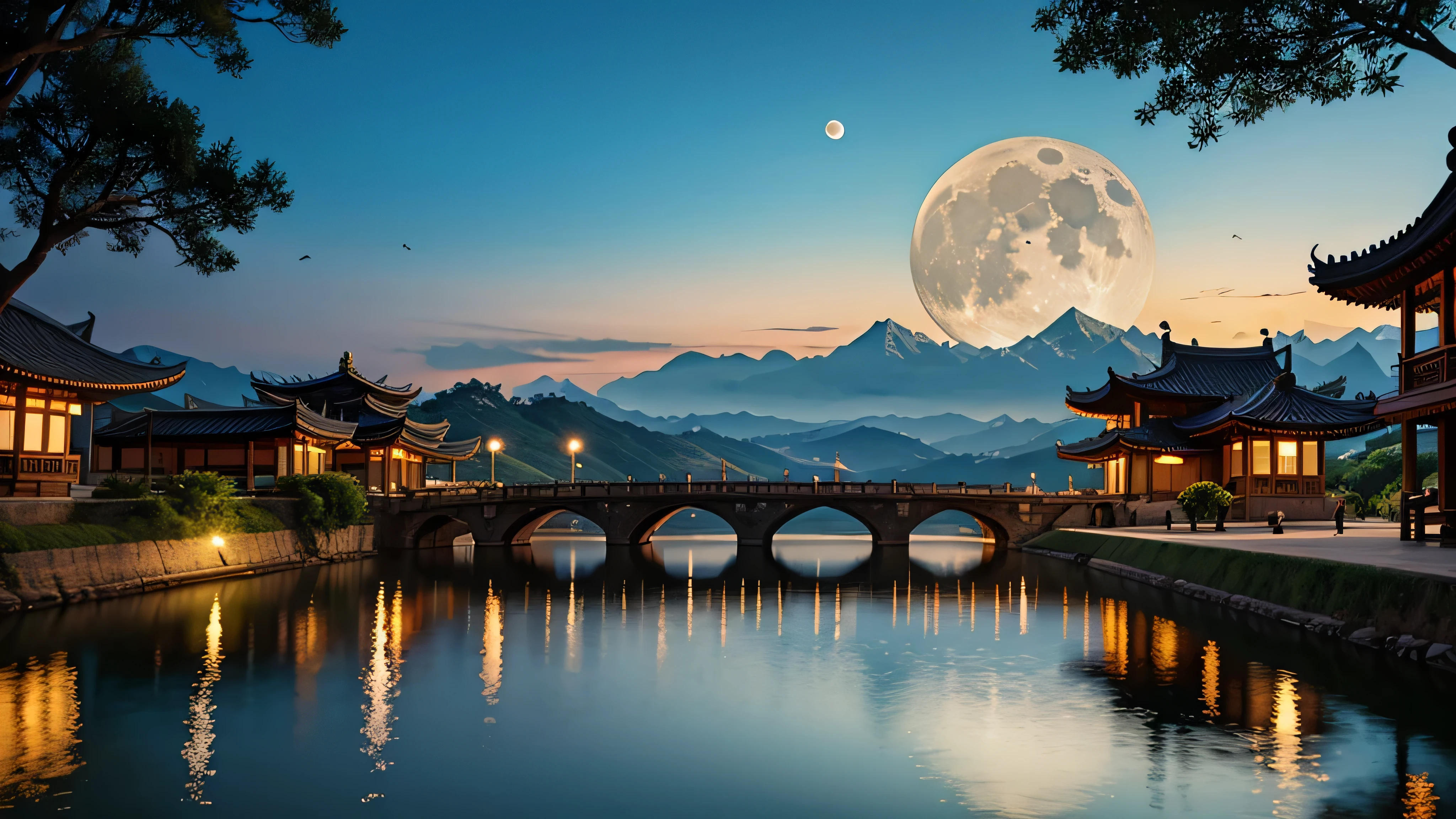 ancient city,outdoor,Sky,water,Tree,No_Humanity,night,moon,architecture,landscape,full_moon,reflection,lantern,stairs,Mountain,architecture学,bridge,East_Asian_architecture学,pagoda,movie lighting,strong contrast,High detail water leveling,best quality,masterpiece,