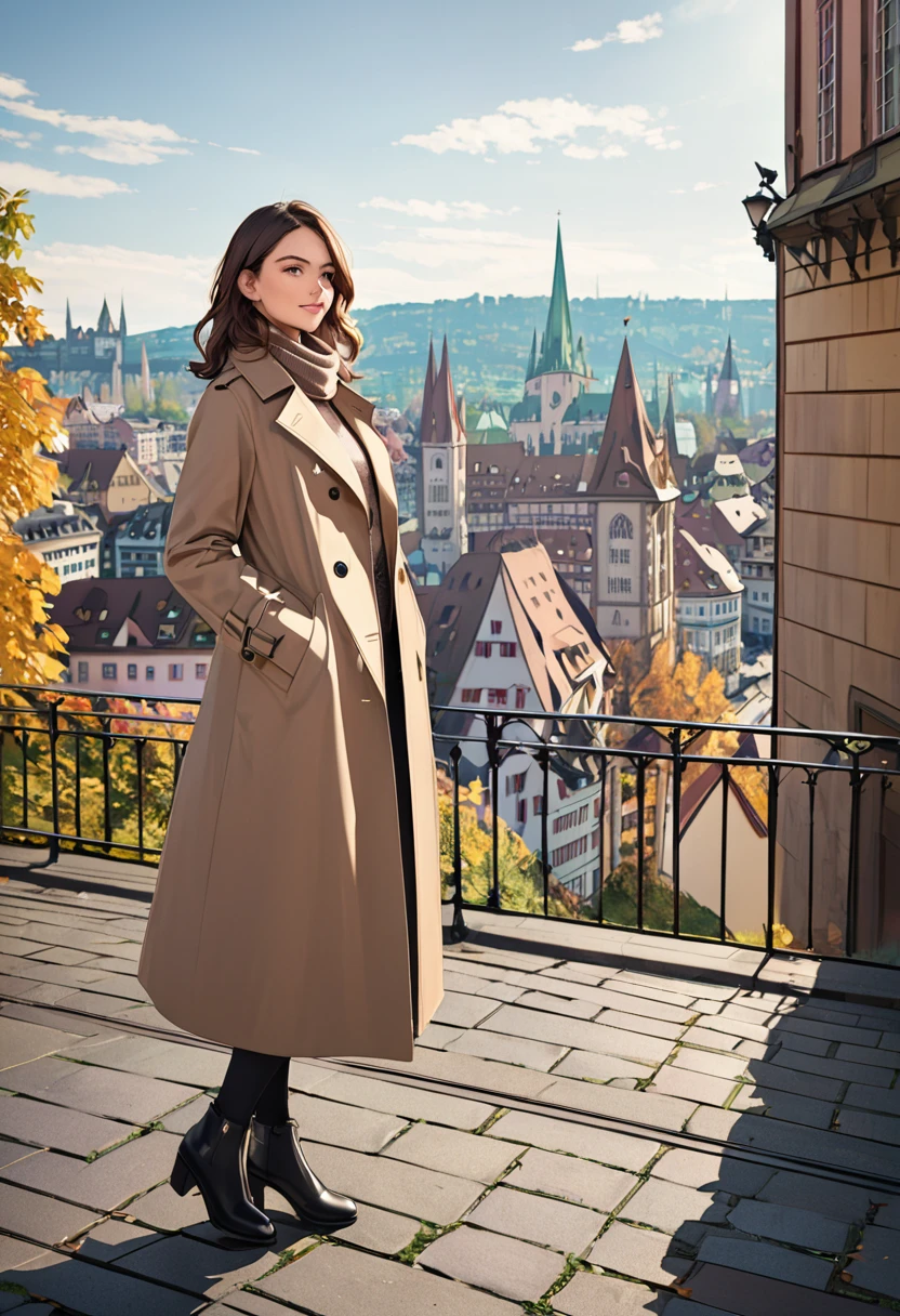 woman ,wearing overcoat , standing, Basel city in background