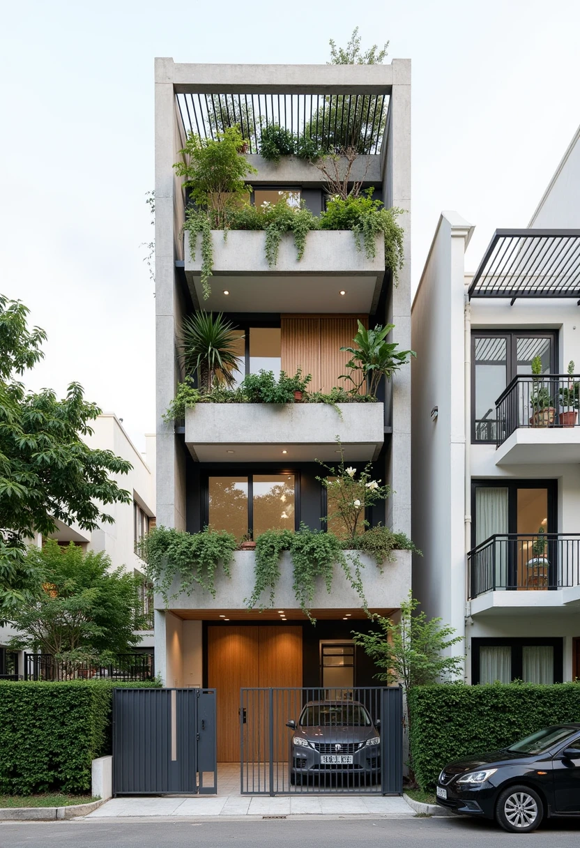 This image showcases a contemporary town-story house design, typical of urban Vietnamese architecture. The design prioritizes vertical space, integrates natural elements, and maintains a clean, modern aesthetic.
Structure and Form: The house is tall and narrow, maximizing the use of a limited footprint. The facade is primarily a light gray or concrete finish, providing a neutral backdrop. Clean lines and rectangular shapes define the structure.
Greenery: Integrated plants and greenery are a key feature. Planter boxes on each balcony and cascading vines create a vertical garden effect, softening the building's hard lines and bringing nature into the urban environment. The top floor features a more substantial planter box with a variety of plants, including some flowering species. A light-colored wood privacy screen on the top floor adds warmth and complements the greenery.
Entrance and Gate: The ground floor features a combined entrance and garage space. The gate is a mix of dark gray metal and warm-toned wood, adding visual interest and a touch of elegance. A low hedge provides privacy and defines the boundary of the property.

Windows and Balconies: Large windows and glass doors on each floor maximize natural light and ventilation. The windows likely have dark frames, creating a contrast with the lighter facade. The balconies have simple metal railings.

Rooftop Structure: A metal and glass awning or pergola covers the rooftop terrace, providing shade and a designated outdoor space.

Surroundings and Context: The house is situated in an urban environment, with trees and other buildings visible in the background. A black car parked on the street adds to the sense of scale and suggests an urban setting.

Overall Impression: The house design is modern, functional, and environmentally conscious. The integration of greenery softens the urban setting and creates a visually appealing facade. The mix of materials, including concrete, wood, and metal