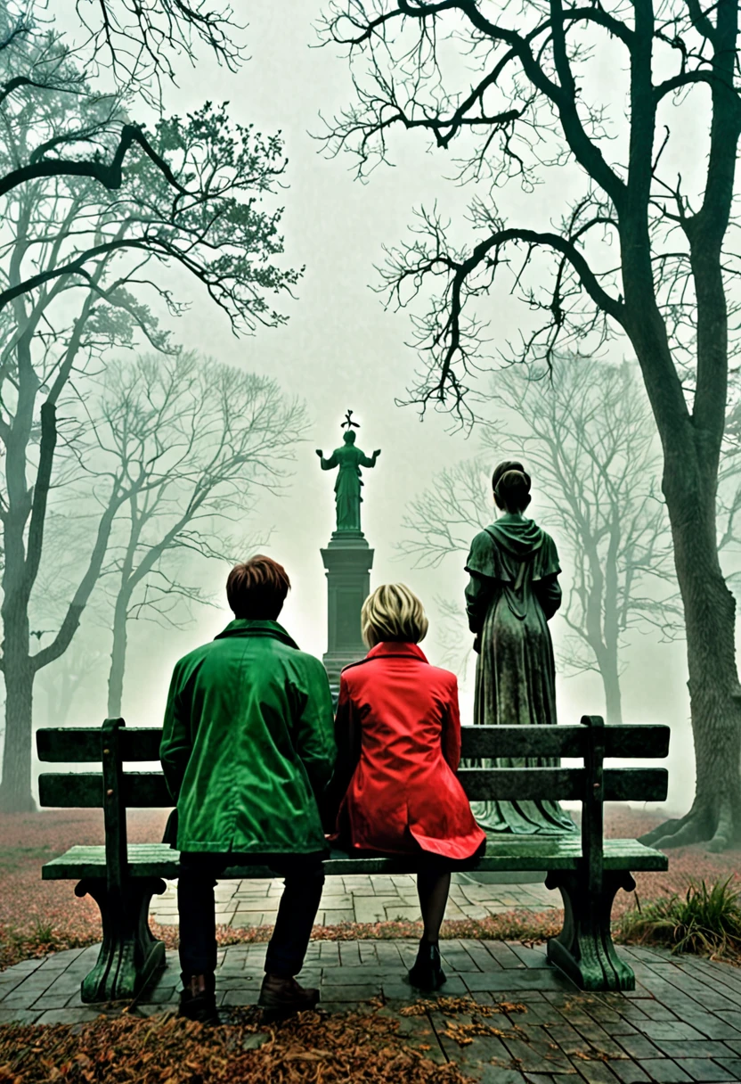 In the eerie, fog-shrouded atmosphere of Silent Hill 2, a man in a green jacket and a woman in a red jacket sit together on a worn, creaky bench, gazing at an statue in front of them. The statue holding a candle, its casting haunting shadows across its weathered surface. The scene is drenched in thick mist and dim, moody lighting, creating a sense of unease. The bench, aged and surrounded by overgrown foliage, adds to the desolate, unsettling environment, as the couple's figures are partially silhouetted from behind, capturing a haunting, melancholic mood, line art, vintage,colored,