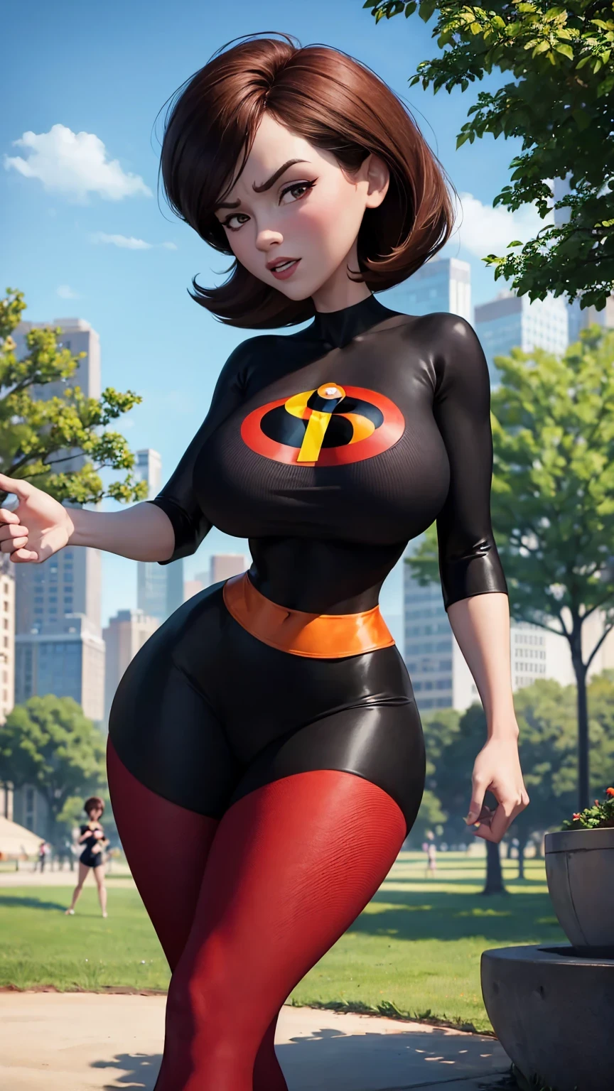 ((Cowboy shot:1.4)) 1 Same Girl , Perfect Beautiful , ((Candy Charms))Face, short Hair , (( woman in Elastigirl suit)) , Athletic Body , ((gigantic breasts:1.2)), freckles, large lips, beautiful eyes, perfect figure, tiny waist, toned, tanned, thin face, pink lips, Extreme Detailed Portrait With Bokeh Effect , Realistic Lighting, medieval castle View , Dark Vibe , Crowd , Gothic Makeup , Gothic atmosphere , Posing Like a Model , Looking off to the side, warm lighting, blue street lamp light((sunset ambiance light:1.0))