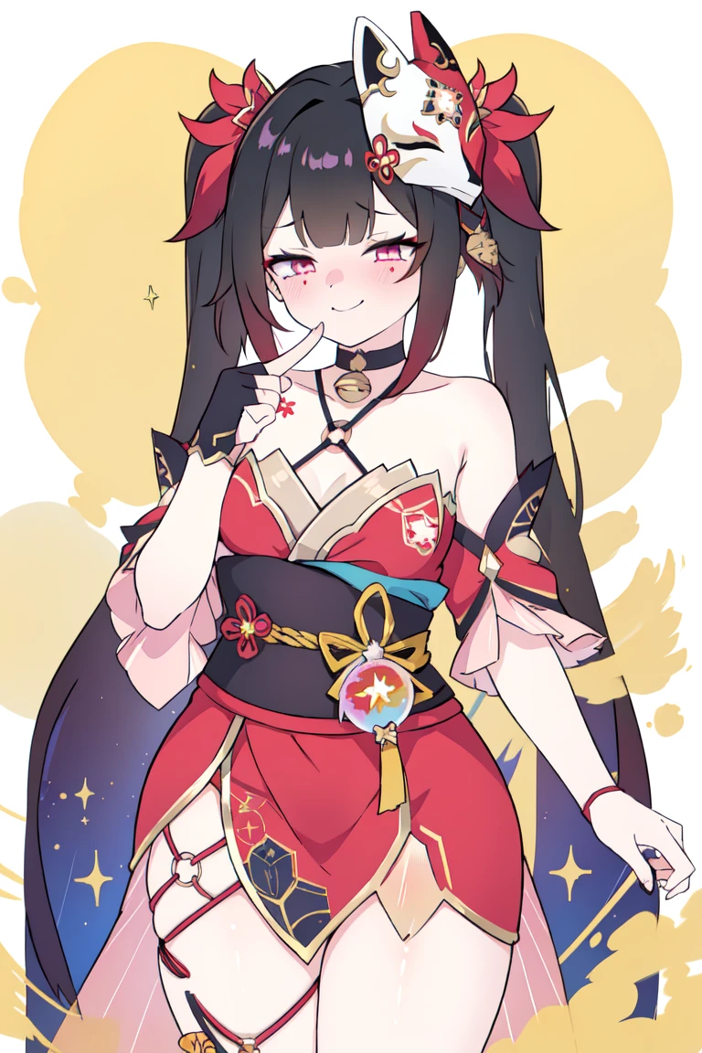 1girl, a girl standing with her finger on her own mouth, sparkle \(honkai: star rail\), small breasts, twintails, hair ornament, solo, off shoulder kimono, mask on head, detached sleeves, choker, obi, (glove), wristband, criss-cross halter, thigh strap, blush, upper body, (finger on own mouth) looking at viewer, gasping, ecstasy, seductive smile, wicked smile, smug, white background, masterpiece, best quality.  velocIty)),Yellow smoke,Attacked by farts, ((sparkle stand)),velocIty,(Yellow smoke Is rIsIng) sparkle smells a fart and smIled frowned)),((fart whIle traInIng)),((blushIng)),(​masterpIece:1.2、top-qualIty)