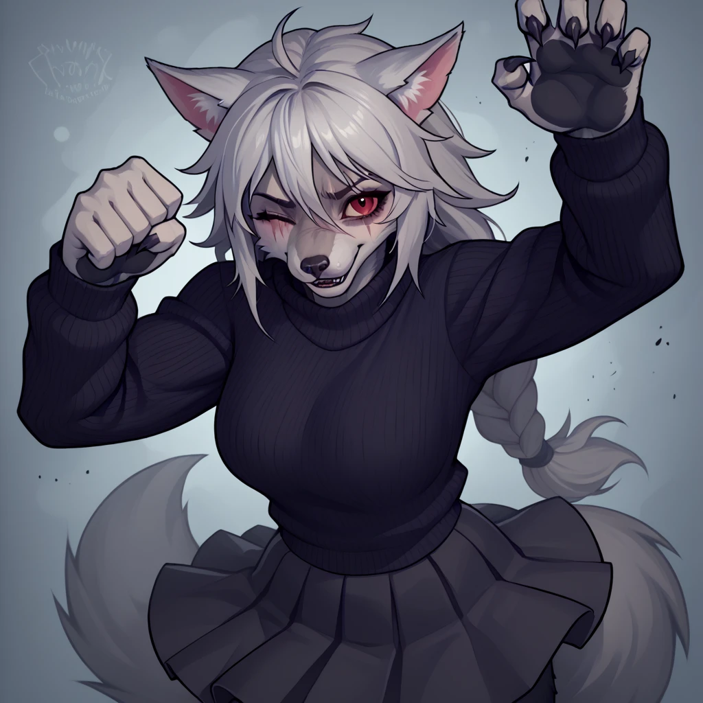 Solo, score_9,score_8_up,score_7_up, source_cartoon, kemono style, (Anthro furry hellhound, loona from helluva boss, furry body white eyes, red sclera, sad eyes, tongue out, steam coming from her mouth), naked, simple background, squatting, paw pose, panting, drooling, from above, 