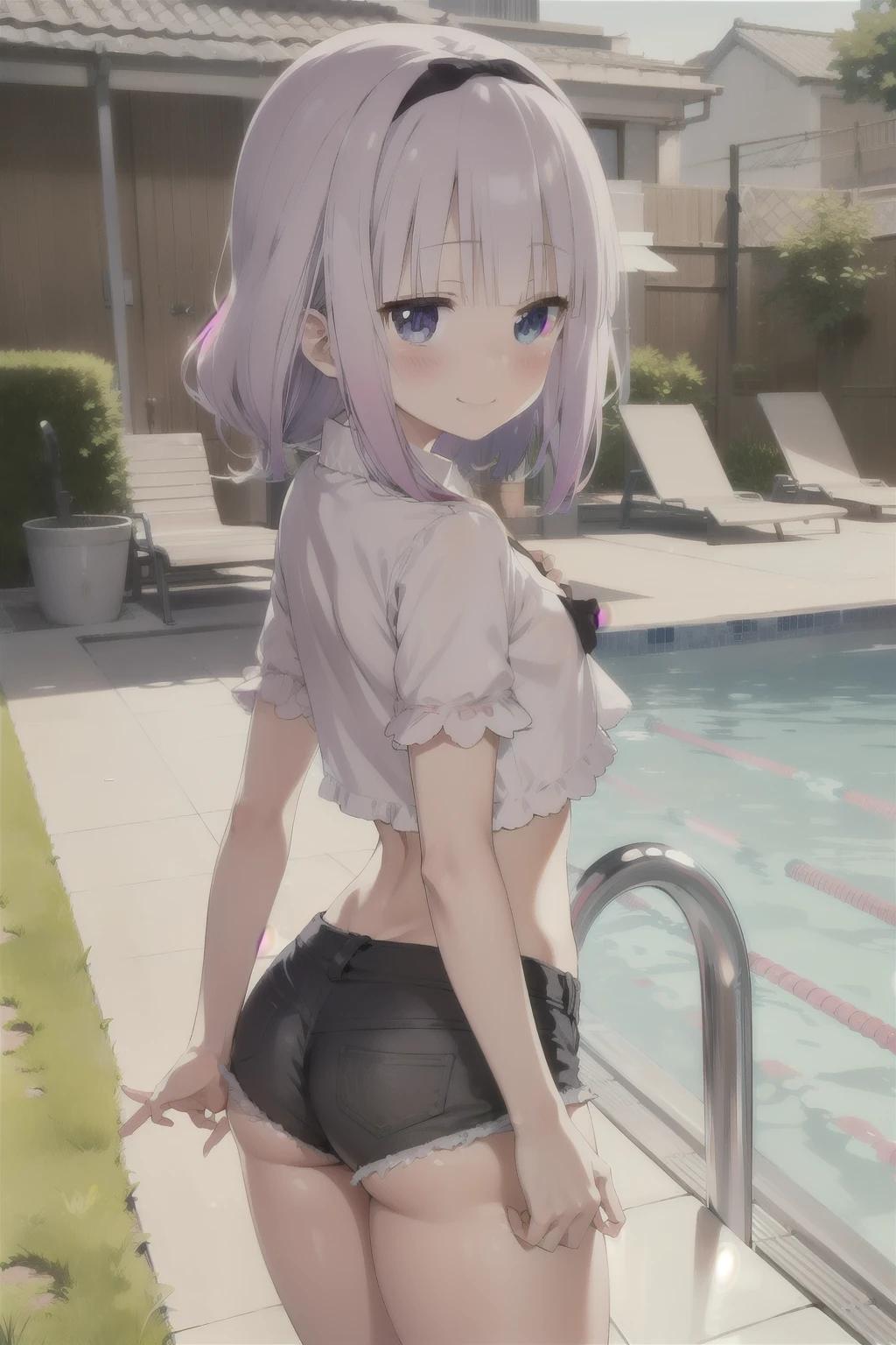 Anime style, kanna kamui ,  hair  ,shi body ,  smug face smile , blush,  flat chest ,  mini shirt  , sexy micro shorts jeans , nádegas . Back ass , pool , 