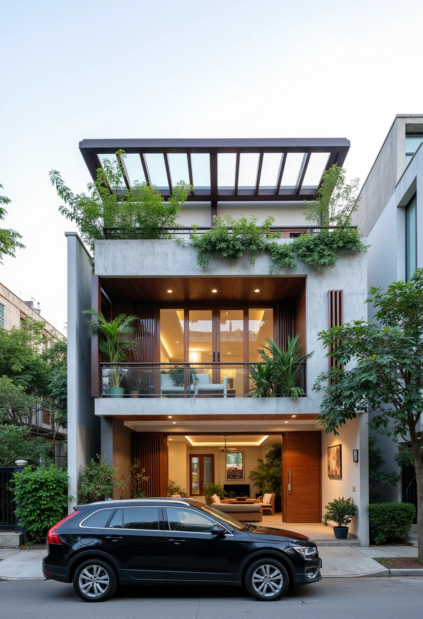 This image showcases a contemporary town-story house design, typical of urban Vietnamese architecture.
Rooftop Structure: A metal and glass awning or pergola covers the rooftop terrace, providing shade and a designated outdoor space.
Surroundings and Context: The house is situated in an urban environment, with trees and other buildings visible in the background. A black car parked on the street adds to the sense of scale and suggests an urban setting.
Overall Impression: The house design is modern, functional, and environmentally conscious. The integration of greenery softens the urban setting and creates a visually appealing facade. The mix of materials, including concrete, wood, and metal