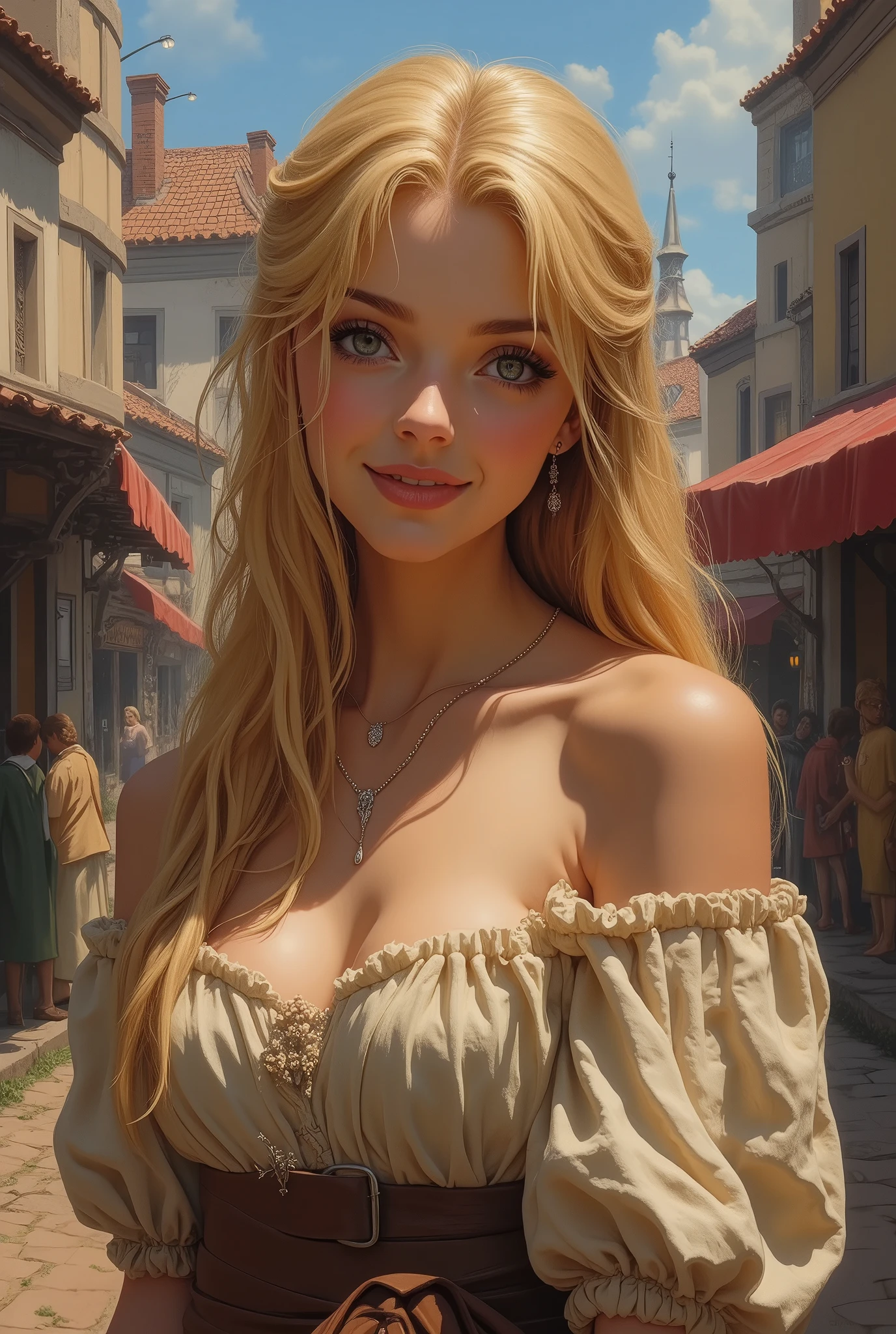 ne0nfant4sy, masterpiece, oil painting of stunningly beautiful blonde girl  as a medieval peasant girl, pretty face, detailed face, pretty face, round cheeks,  detailed eyes, graue Augen, big eyes, ((full lips)), ((blond)), ((blonde hair)), Haaransatz, cleavage, Portrait,  full cleavage, full lips, soft skin, (poor wooly dress), dreamy look, people in background, (detailed medieval village in background, background with elements of a medieval marketplace), oil painting, american shot  looking at the viewer, seductive smile, inviting smile, 