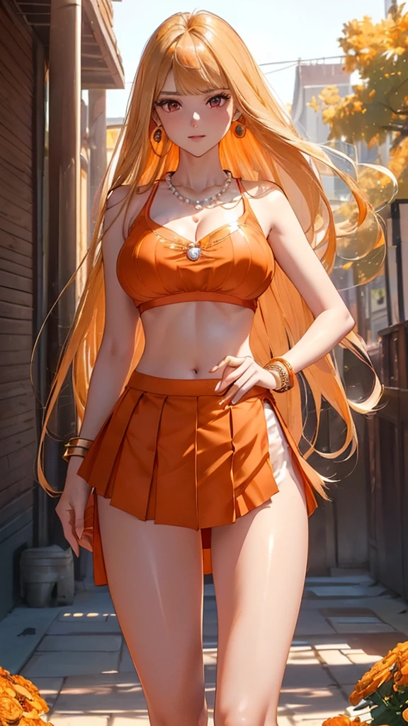 ((Masterpiece, Ultra High Quality, High Resolution, Ultra HD 8K Quality)), (Realism), (((Cool Beauty))), (((Perfect Slim Body))), (((Best Body Proportions))), (((Well-proportioned Body Proportions))), (((Shiny Blonde Hair))), (((Long Straight Hair: 1.3))), (((Bangs))), ((Clear Deep Ruby Red Eyes: 1.2)), (((Shiny Eyes: 1.2))), (((Eye Highlights: 1.2))), (((Orange Cap))), (((Pearl Orange Sports Bra: 1.2))), (((Tube Top Bra: 1.2))), (((Cleavage))), (((Orange Ultra Mini Skirt))), (((Pleated Skirt))), (((Slit skirt slit skirt))), (((Big earrings, pearl necklace, bangle))), (((Heavy and very large breasts))), (Open lips: 1.1, Blush: 1.05), (Sun: 1.05, Flowers), Romantic, 3D rendering, Best quality, (Masterpiece), Beautiful smile, (((Beautiful standing pose))), Autumn shopping street background