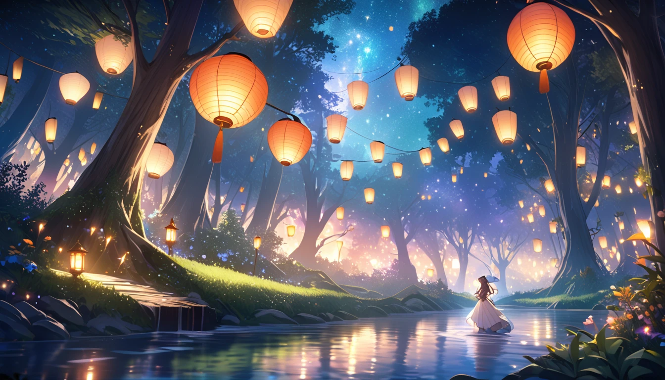  lantern swaying in the wind, Starlight, dreamy, Mysterious Forest, Flowing River, Gentle Light,  fantasy world , Subtle beauty 