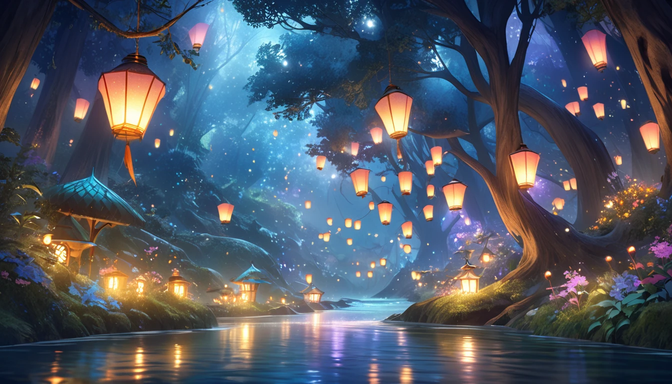  lantern swaying in the wind, Starlight, dreamy, Mysterious Forest, Flowing River, Gentle Light,  fantasy world , Subtle beauty 